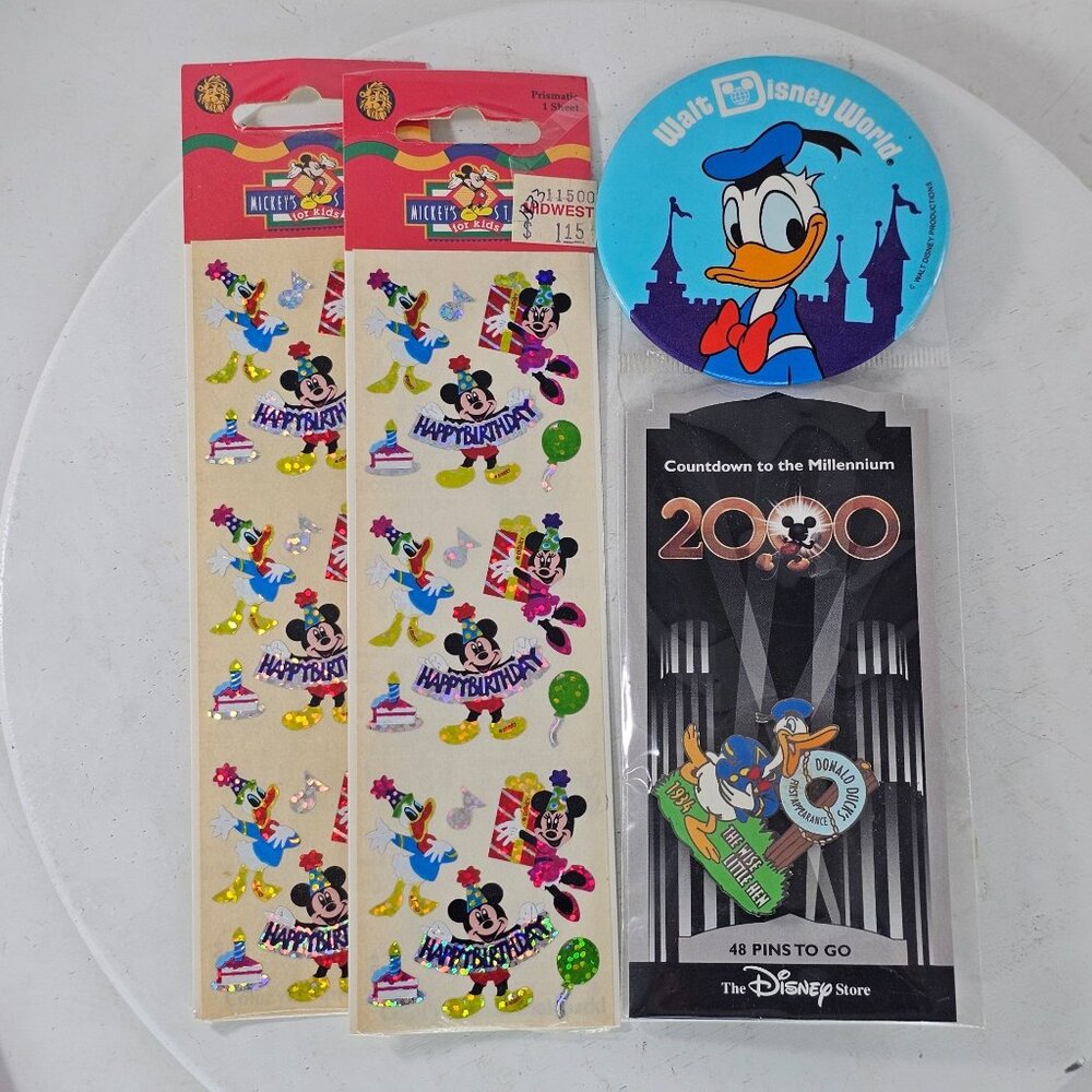 Disney Collectible Bundle Donald Duck Pin Disney World Button Birthday Stickers
